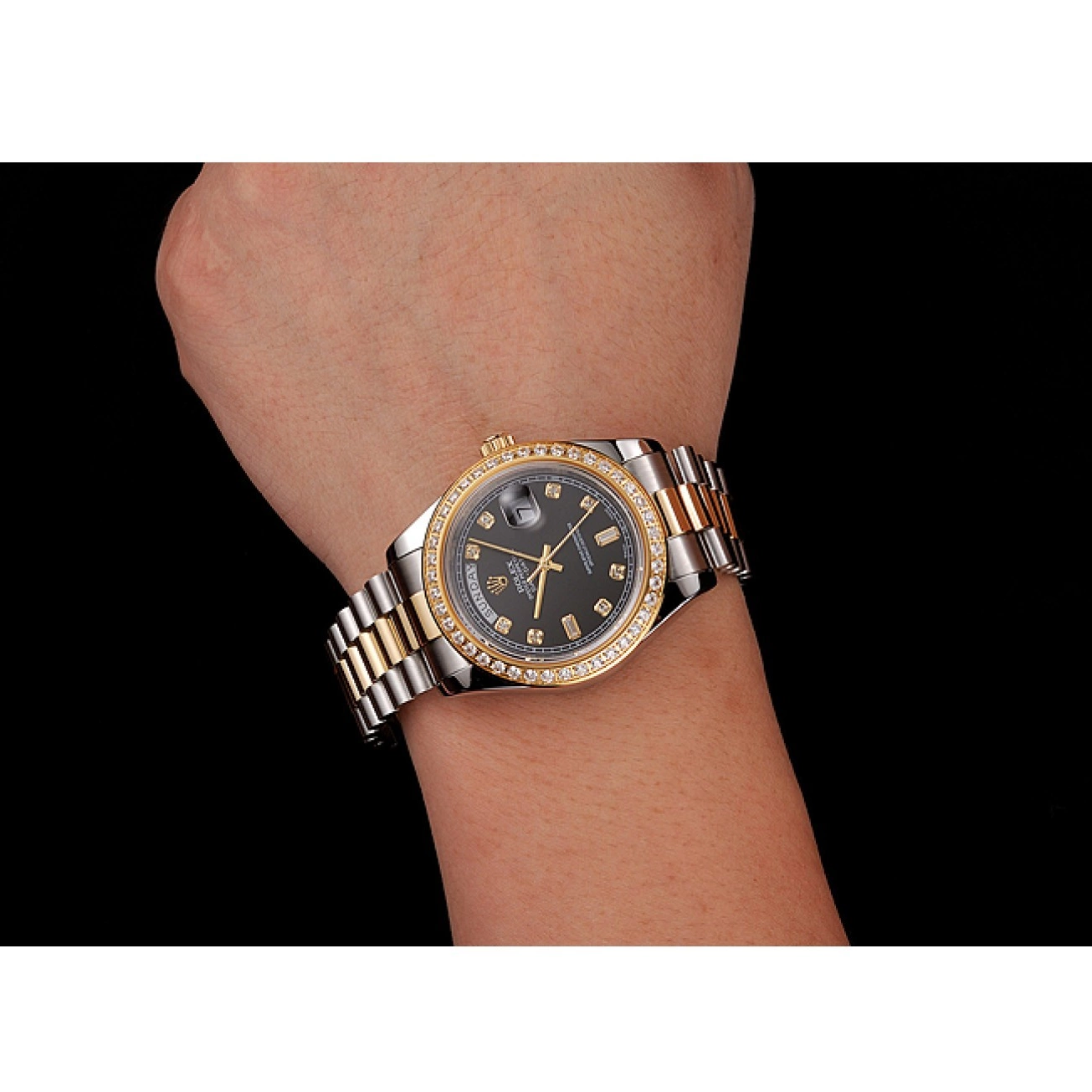 Good Copy Rolex Watches Gold Case Tone Two Stainless Swiss 1453976 Diamond Bracelet Black Dial Day-Date Steel Rolex 0628